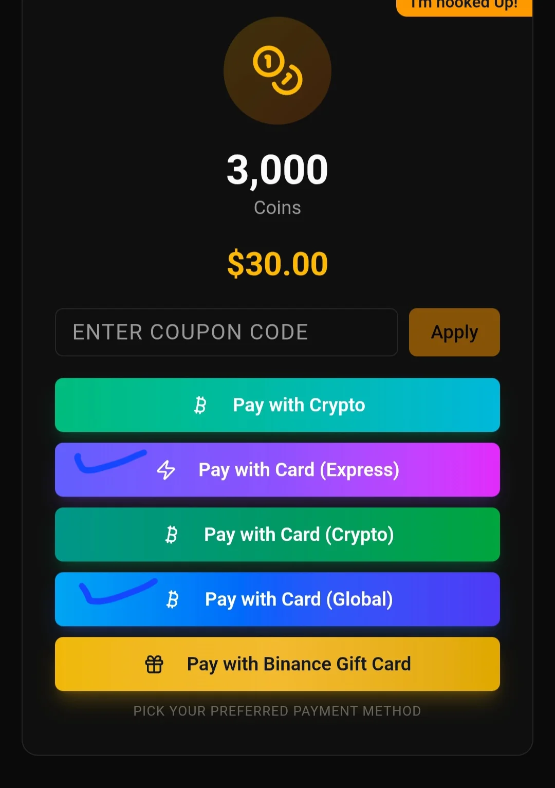 Image 1 of 1 attached to "I wanna buy coins using cards but these 2 options aren't working"